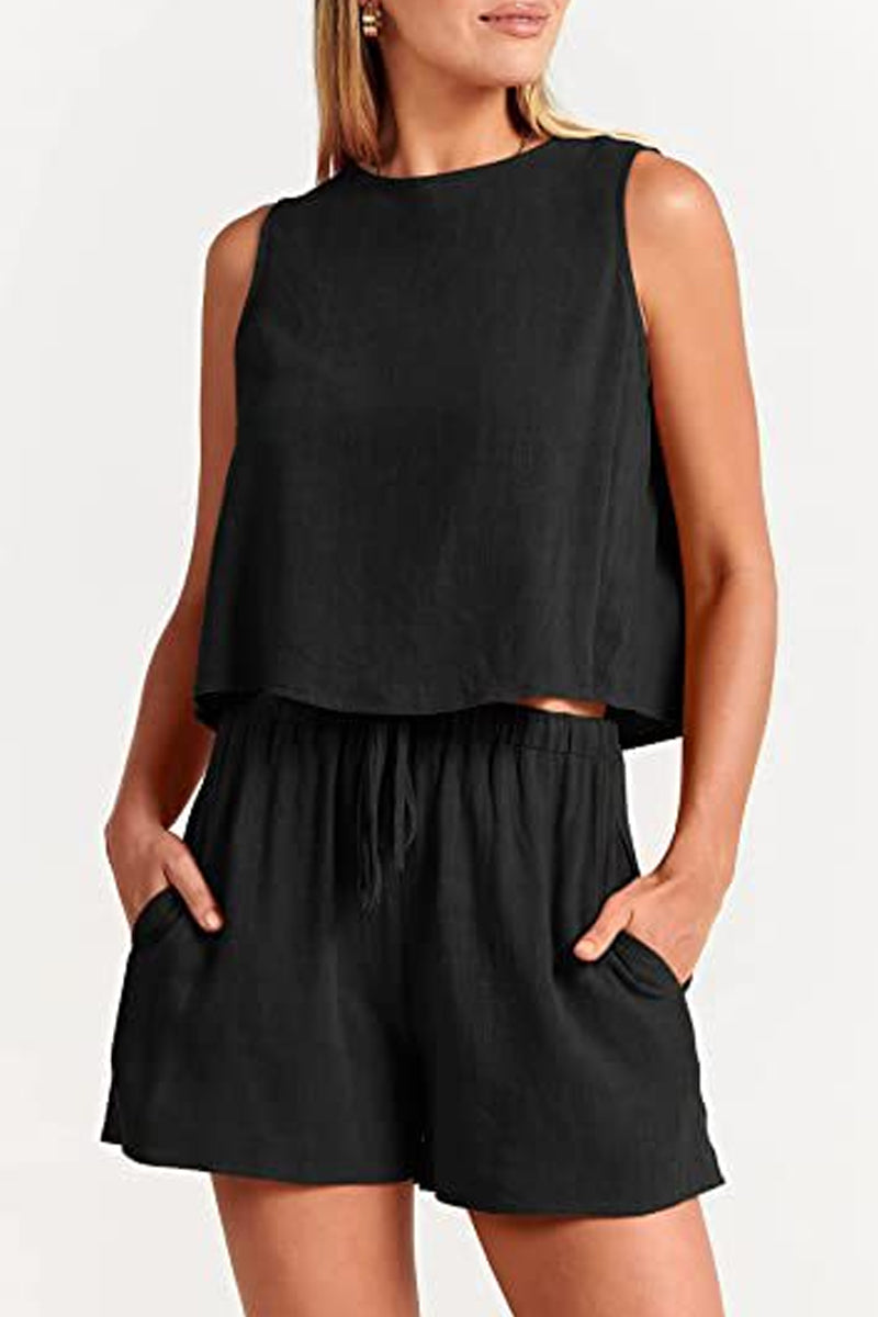 Reign - bateau neckline sleeveless and drawstring pocket short set
