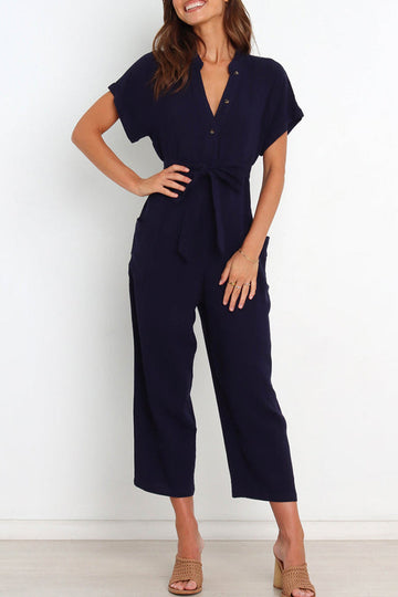 Charie - v-neck button down belted jumpsuit