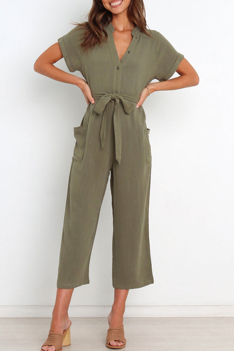 Charie - v-neck button down belted jumpsuit