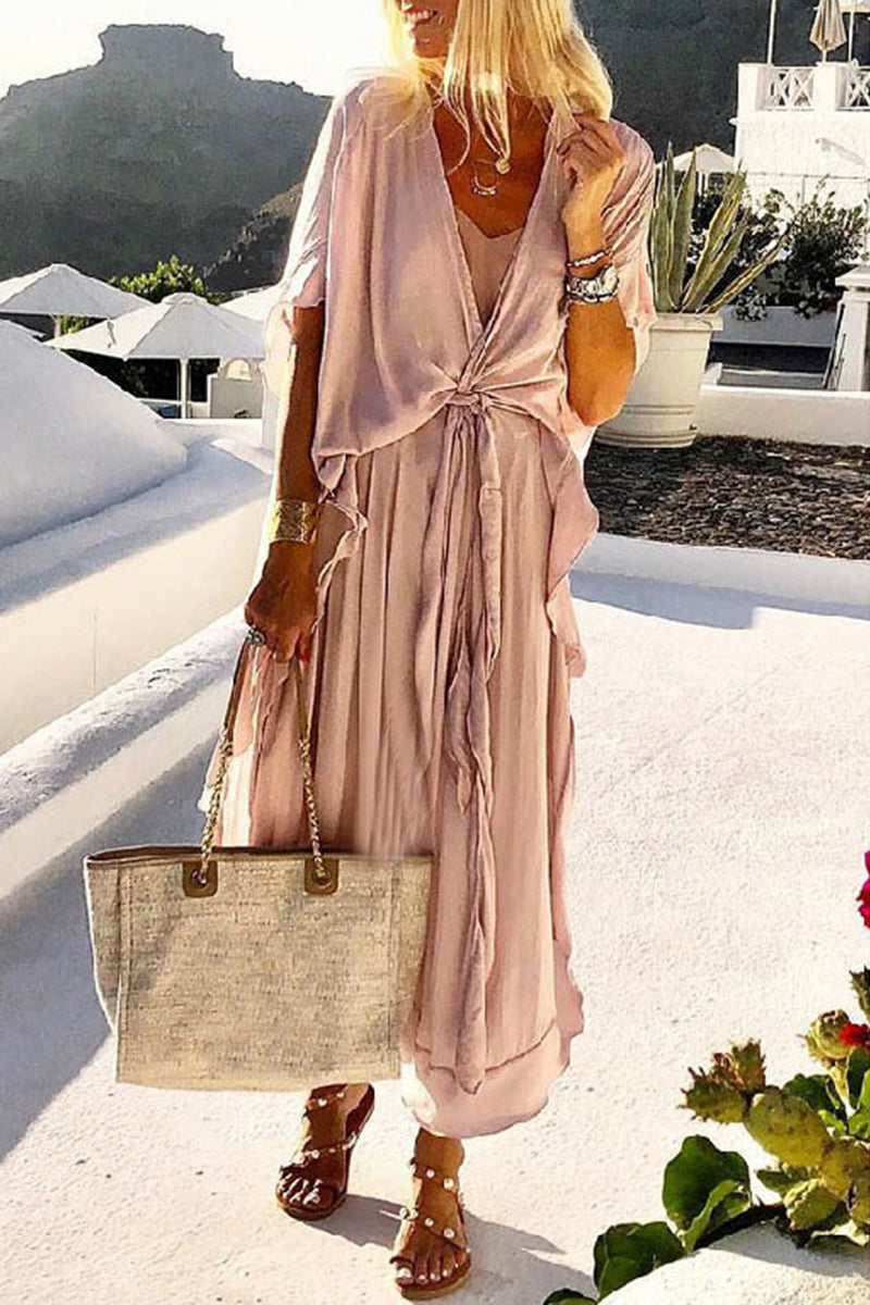 Women's Maxi Dress - Deep V-Neck - Short Sleeve - Front Tie Flowy Casual Wear