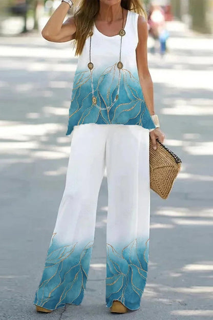 Moani - casual fun printed o neck sleeveless top and pants set