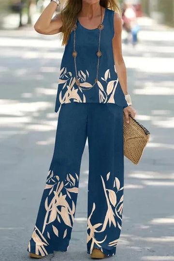 Moani - casual fun printed o neck sleeveless top and pants set