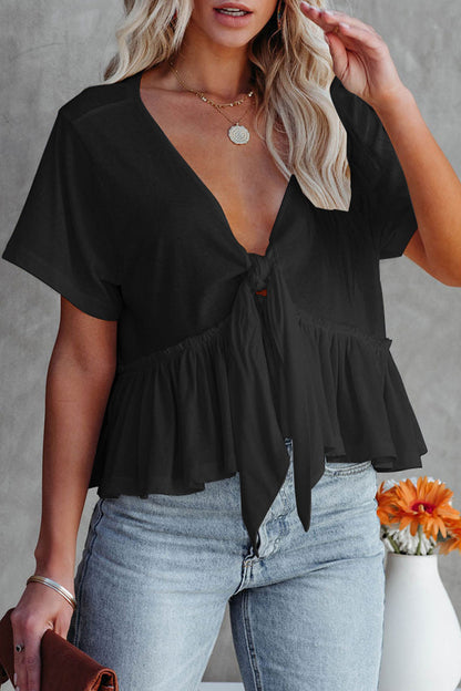Women's Tie-Front V-Neck Blouse - Short Sleeve - Ruffled Hem - Casual Fit