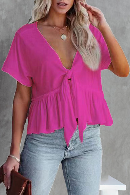 Women's Tie-Front V-Neck Blouse - Short Sleeve - Ruffled Hem - Casual Fit