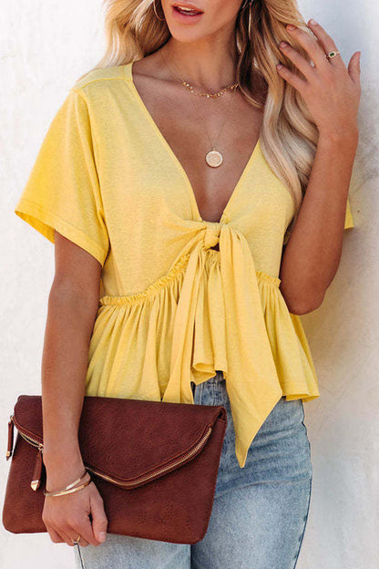 Women's Tie-Front V-Neck Blouse - Short Sleeve - Ruffled Hem - Casual Fit