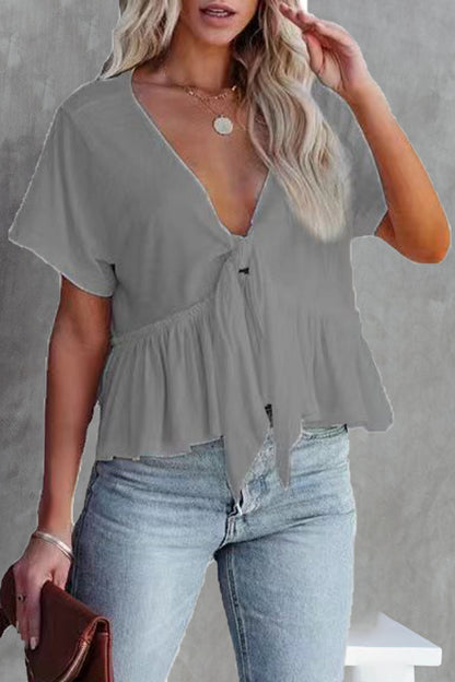 Women's Tie-Front V-Neck Blouse - Short Sleeve - Ruffled Hem - Casual Fit