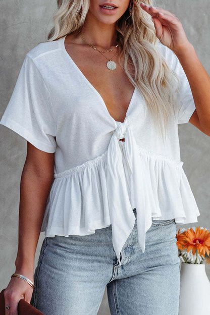 Women's Tie-Front V-Neck Blouse - Short Sleeve - Ruffled Hem - Casual Fit