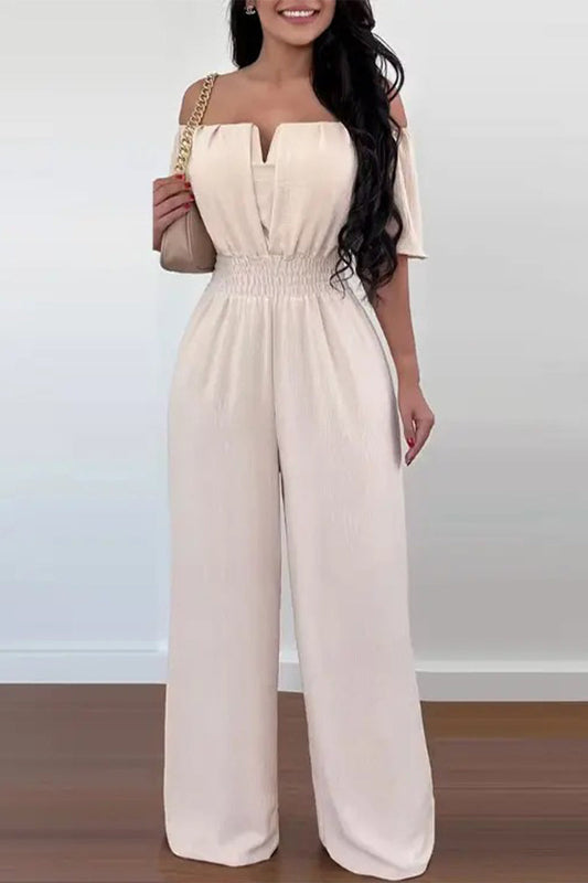 Off-Shoulder Wide-Leg V-Notch Jumpsuit