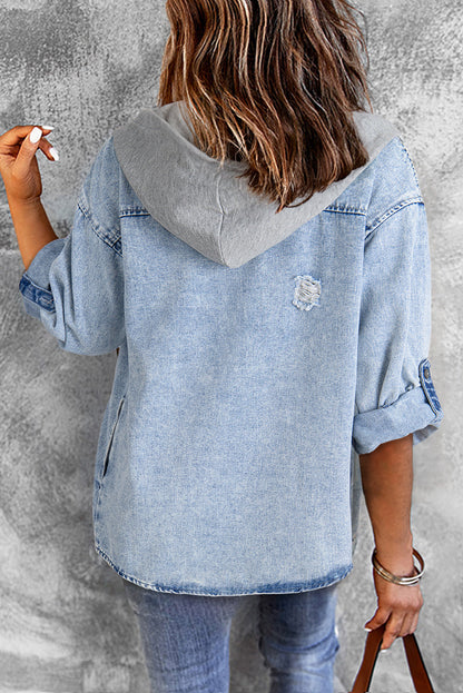 Multi-pocket denim jacket with hooded collar for women
