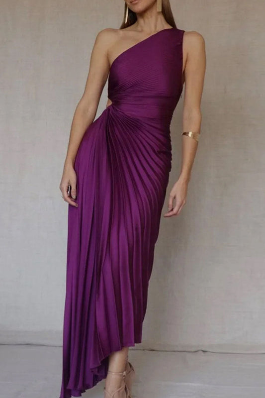 Women’s Evening Gown - One-Shoulder Asymmetrical Neckline - Pleated Elegant Formal Wear