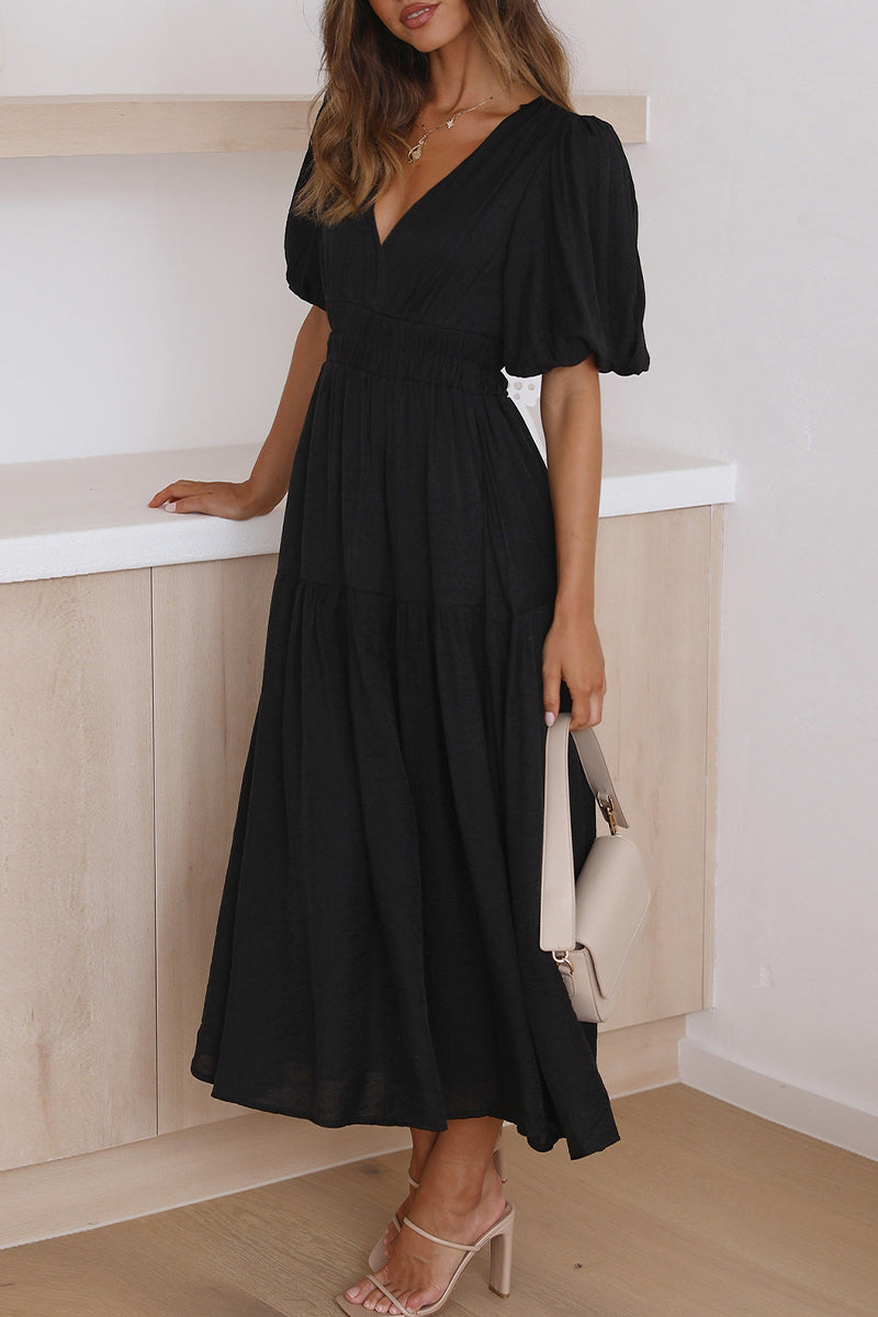 Women's Midi Dress - Deep V-Neck - Puff Sleeve - Empire Waist - Elegant Flowy Fit