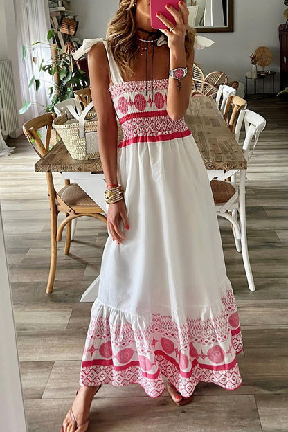 Women's Bohemian Maxi Dress - Sleeveless Spaghetti Straps - Flowy Ethnic Print