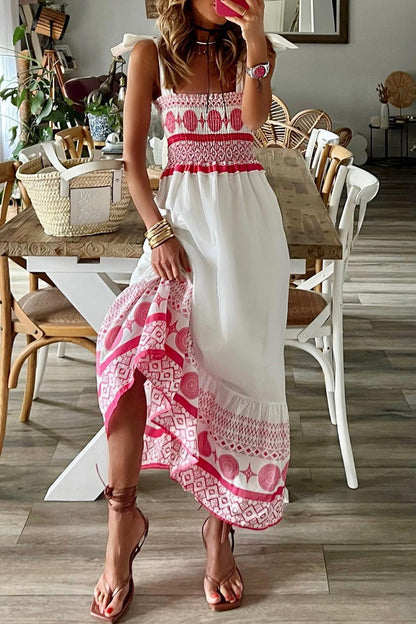 Women's Bohemian Maxi Dress - Sleeveless Spaghetti Straps - Flowy Ethnic Print