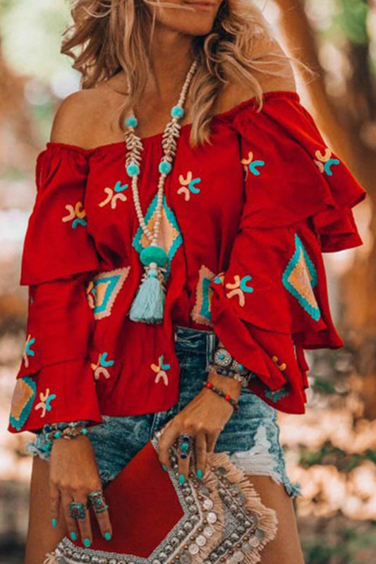 Embroidered Ruffle Sleeve Off-Shoulder Blouse