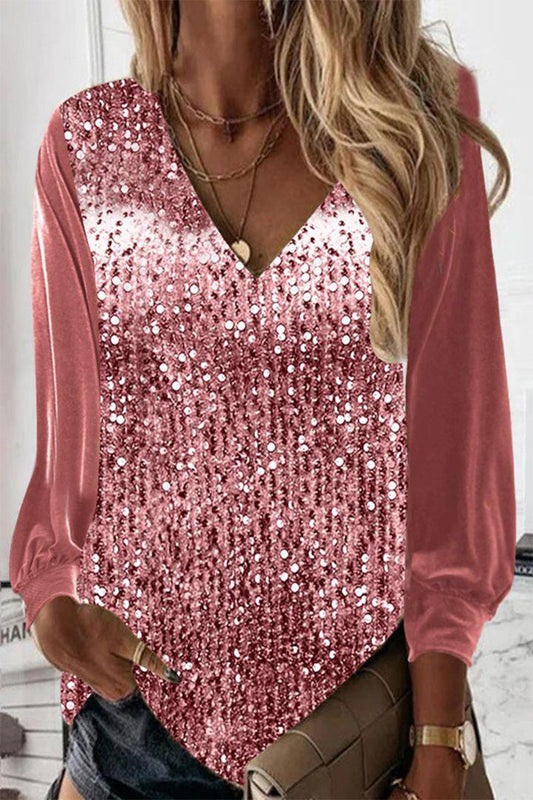 Sparkly Printed V-Neck Long Sleeve Blouse