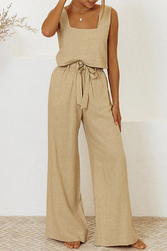 Lightweight Wide Leg Tie Waist Jumpsuit