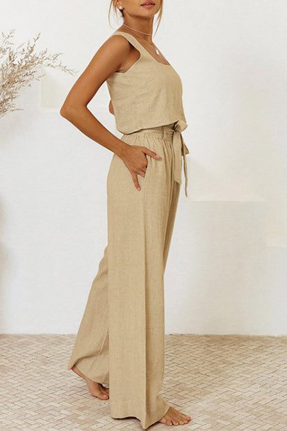 Women’s Jumpsuit – Square Neck – Sleeveless – Wide Leg – Tie Waist – Lightweight Fabric