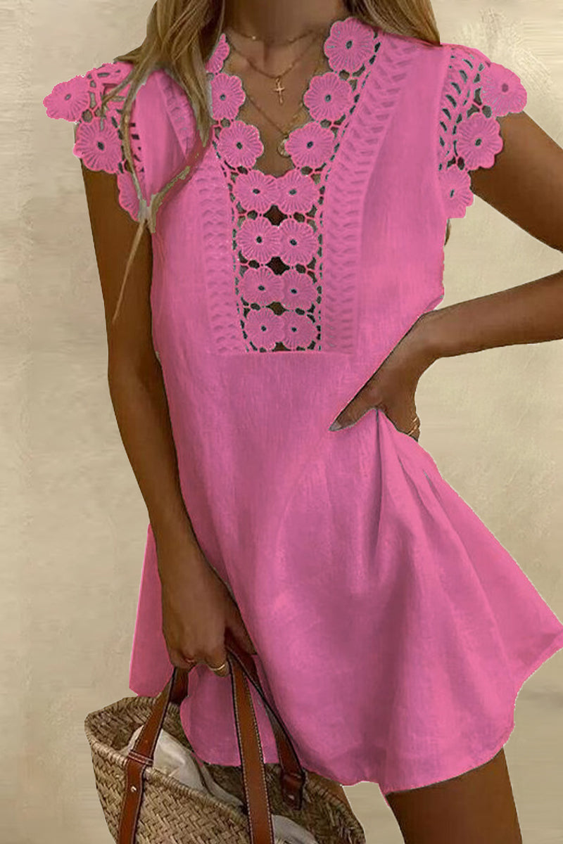 Women's A-Line Dress - Lace Detail - Short Sleeve - Elegant Floral Neckline