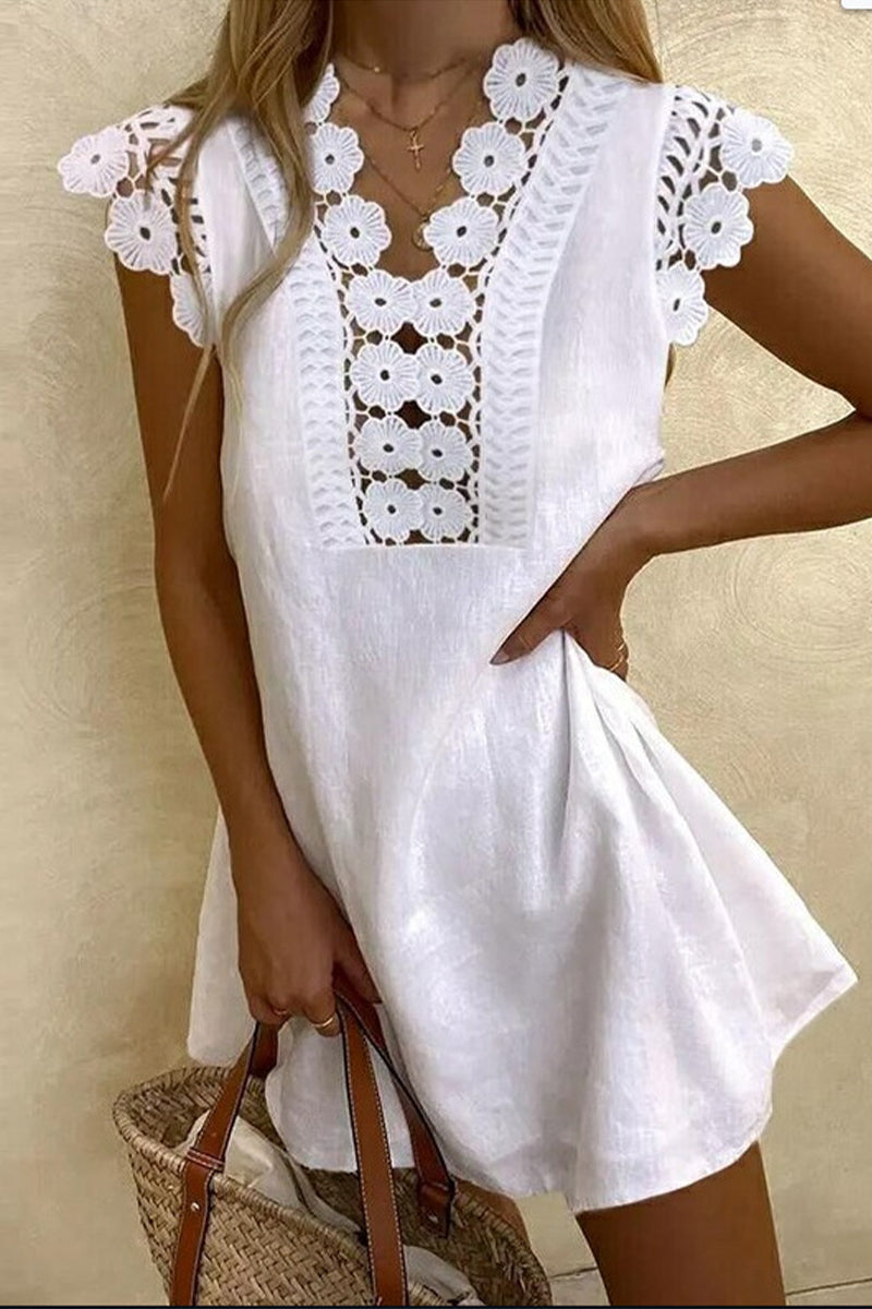 Women's A-Line Dress - Lace Detail - Short Sleeve - Elegant Floral Neckline