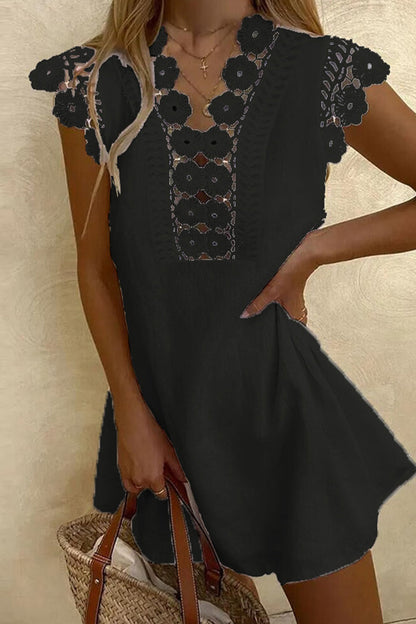 Women's A-Line Dress - Lace Detail - Short Sleeve - Elegant Floral Neckline
