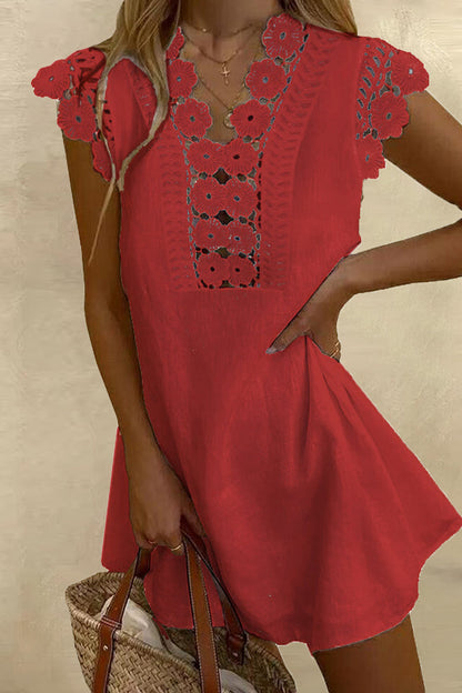 Women's A-Line Dress - Lace Detail - Short Sleeve - Elegant Floral Neckline
