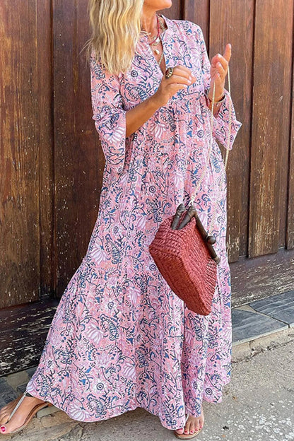 Women's Maxi Dress - Flowing Bohemian Style - V-Neck - Relaxed Fit - Patterned Design