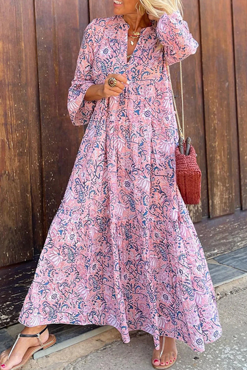 Women's Maxi Dress - Flowing Bohemian Style - V-Neck - Relaxed Fit - Patterned Design