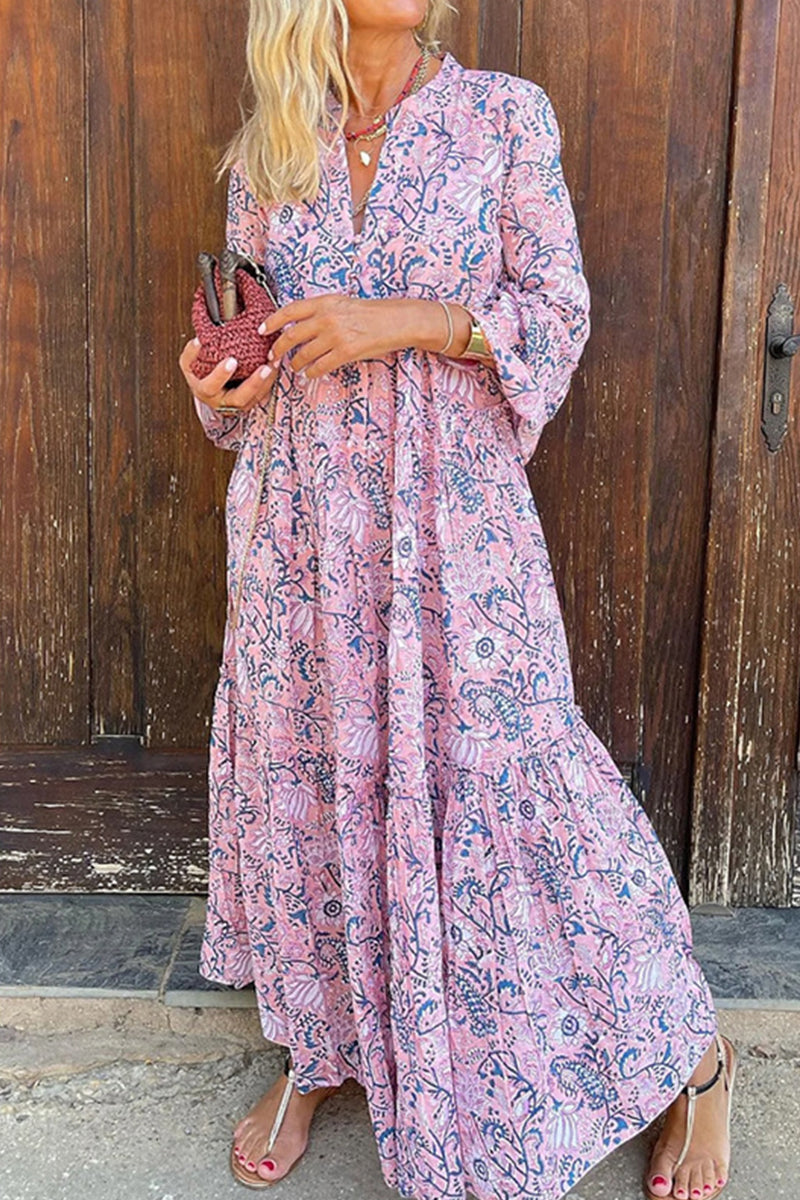 Women's Maxi Dress - Flowing Bohemian Style - V-Neck - Relaxed Fit - Patterned Design