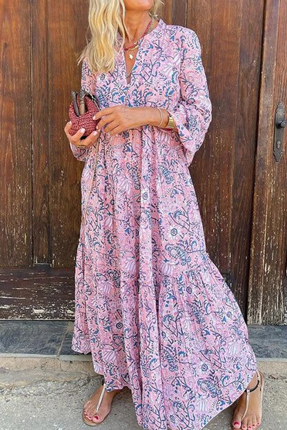 Women's Maxi Dress - Flowing Bohemian Style - V-Neck - Relaxed Fit - Patterned Design