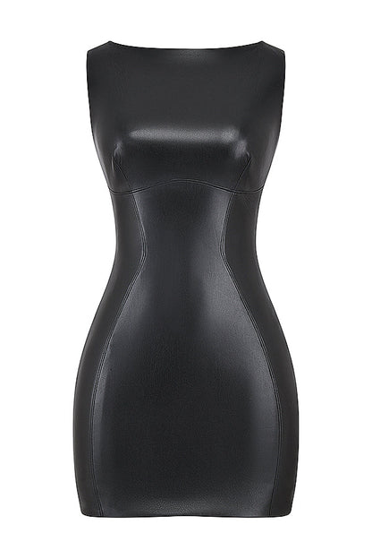 Women's Mini Dress - Sleeveless Faux Leather - Bodycon Fit - High Neck Elegant Night Out
