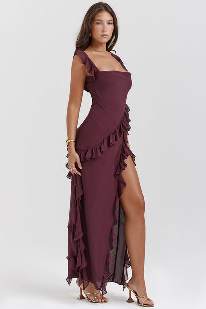 Women’s Formal Dress – Elegant Fit – Ruffle Detail – High Slit – Adjustable Straps