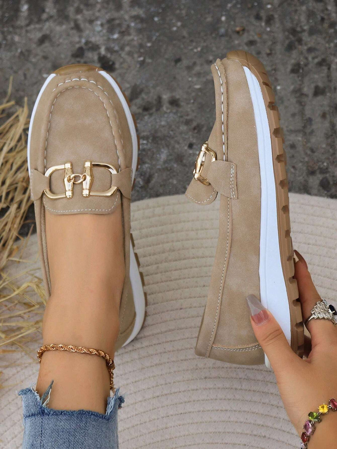 Suede-Like Buckle Detail Classic Loafers 