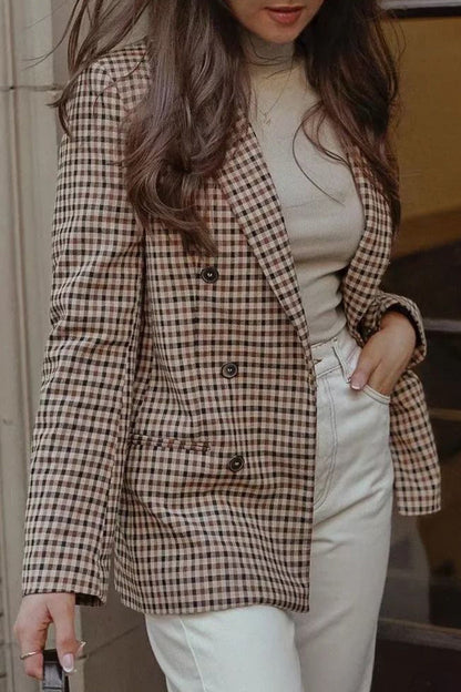 Women's casual plaid striped pocket buckle outerwear turn-back collar