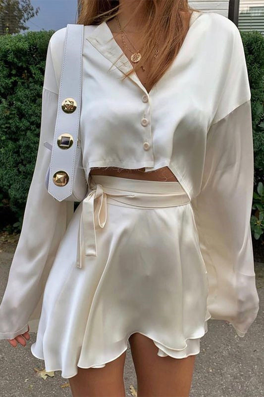 Satin Crop Top and Tie Waist Mini Skirt Set