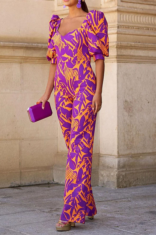 Abstract Print Puff Sleeve Wide Leg Jumpsuit