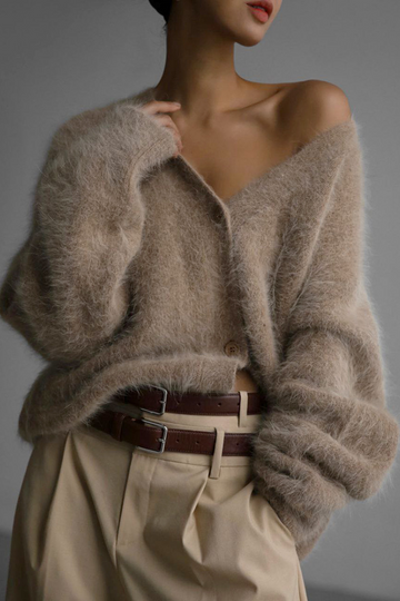 Women's mink v-neck knitted sweater cardigan