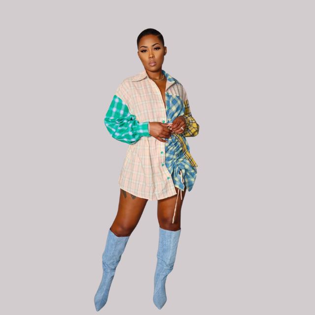 Plaid Patchwork Button-Up Oversized Shirt Dress