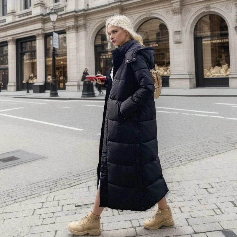Long padded hooded winter coat jacket for women