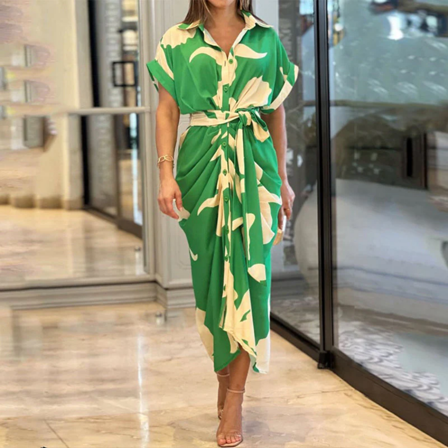 Women's Maxi Dress - Tropical Print - V-Neck - Short Sleeve - Tie Waist - Flowy Elegant