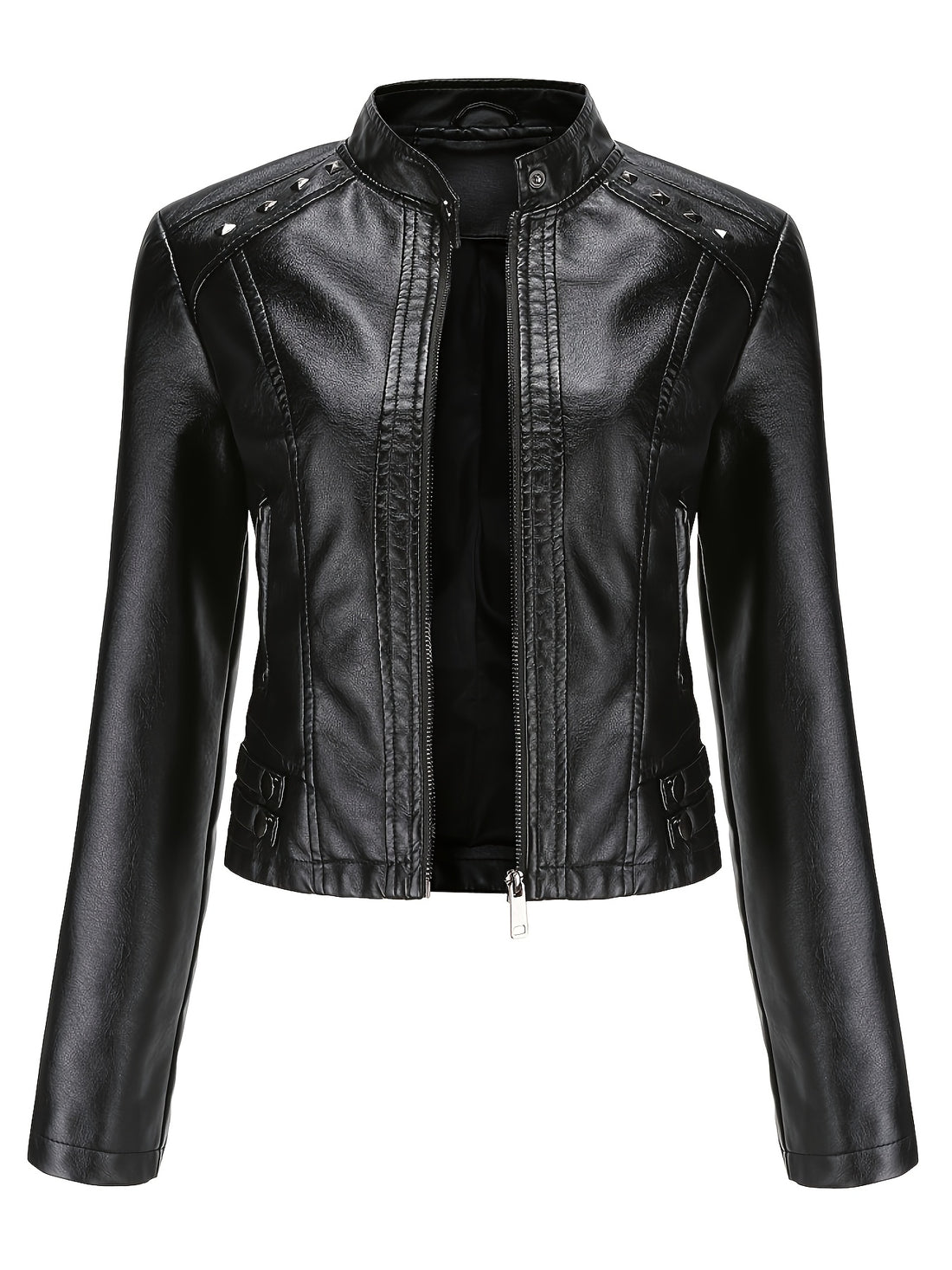 Studded moto jacket with zip closure and stand collar for women