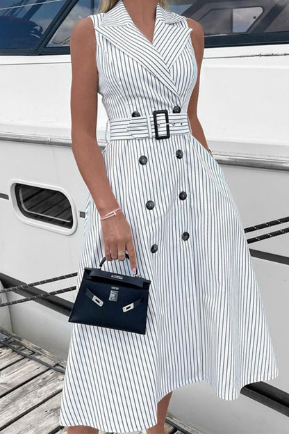 Women's Sleeveless Dress - Double-Breasted A-Line - Belted Waist - Classic Striped Design