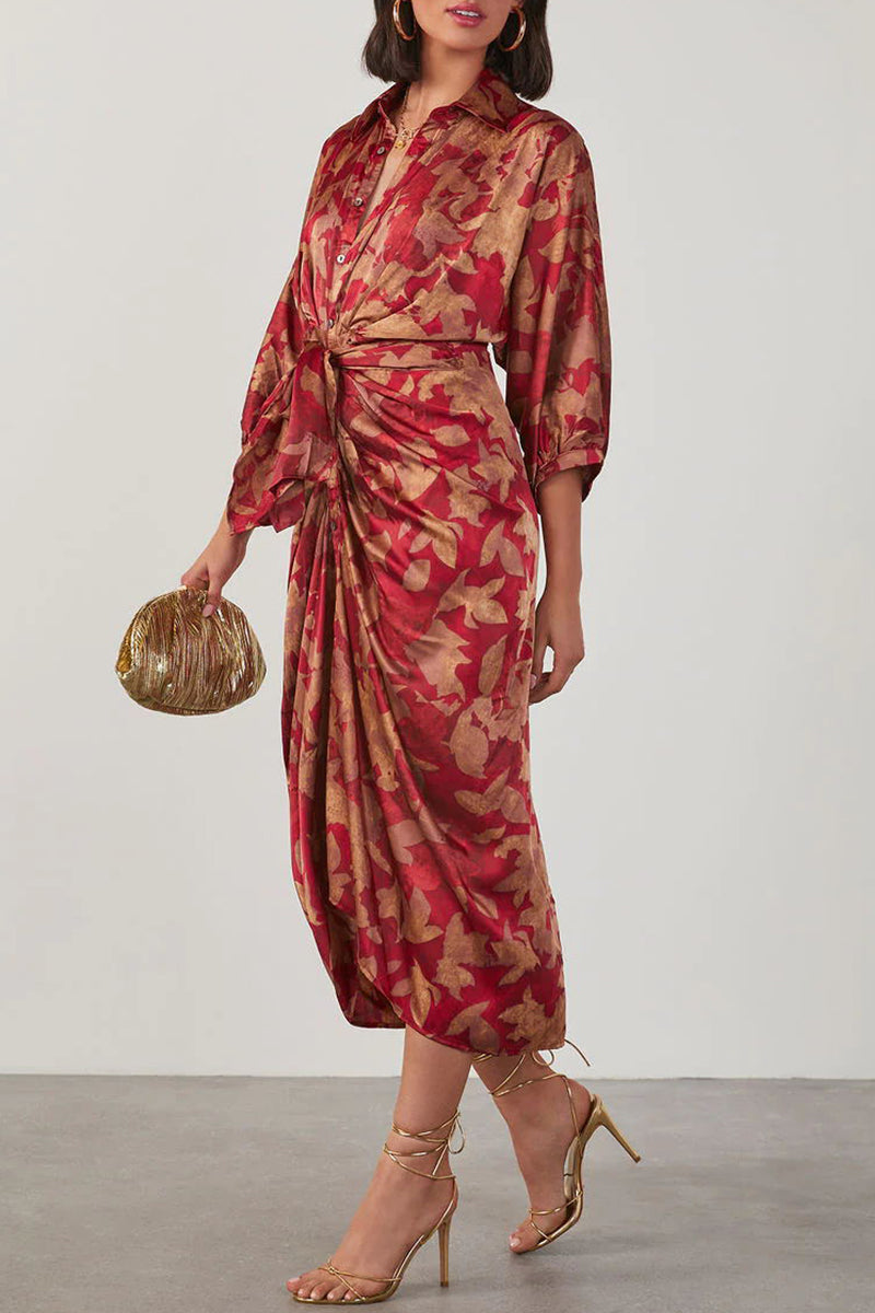 Azzie - elegant floral turndown collar irregular dress