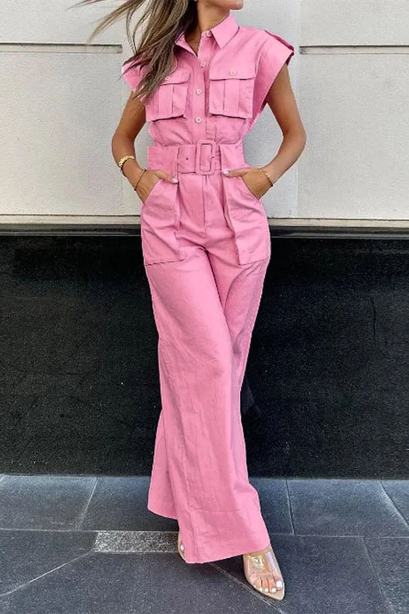 Women's Utility Jumpsuit - Sleeveless Wide-Leg - Button-Down with Belted Waist