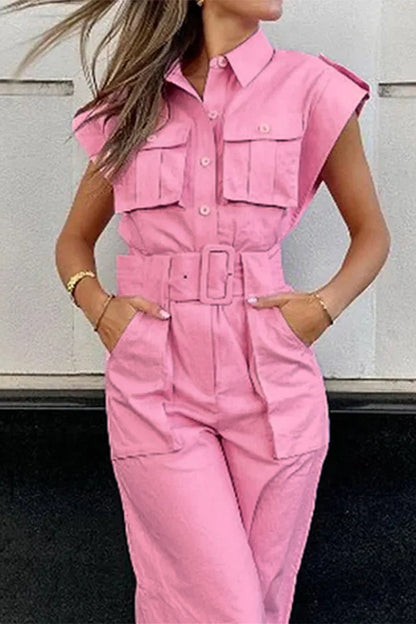 Women's Utility Jumpsuit - Sleeveless Wide-Leg - Button-Down with Belted Waist