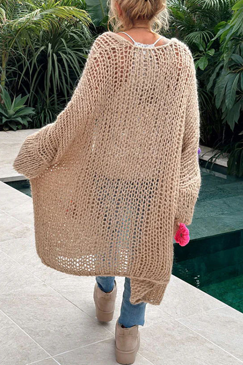 Women's casual elegant solid weave applique collar cardigan