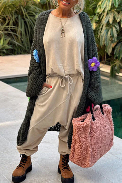 Women's casual elegant solid weave applique collar cardigan