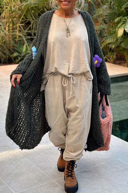 Women's casual elegant solid weave applique collar cardigan