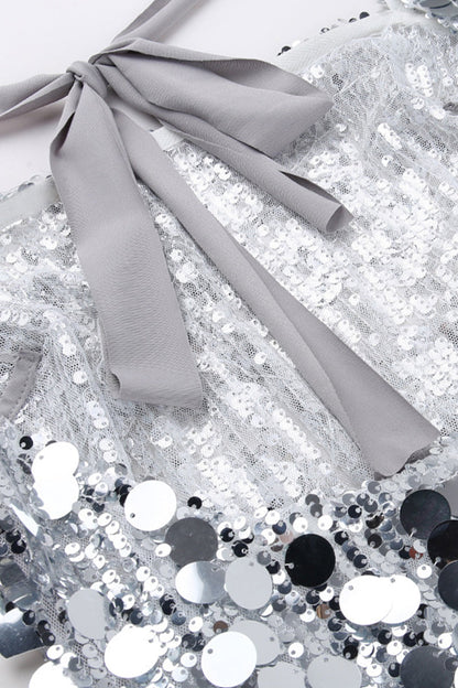 Women's Mini Dress - Sequin Fitted Design - Square Neckline - Long Sleeve Party Wear