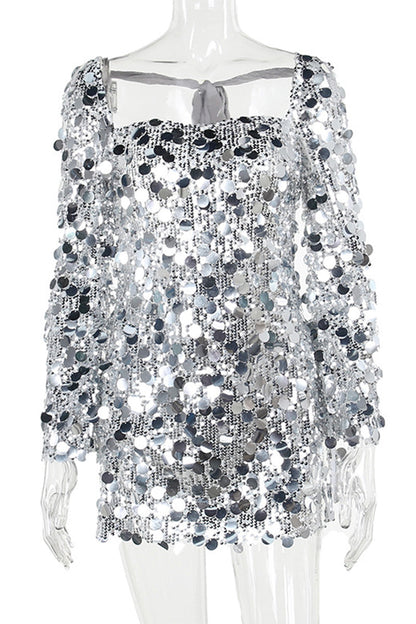 Women's Mini Dress - Sequin Fitted Design - Square Neckline - Long Sleeve Party Wear