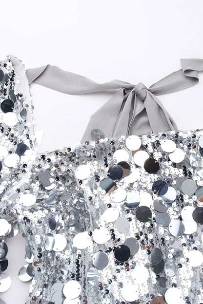 Women's Mini Dress - Sequin Fitted Design - Square Neckline - Long Sleeve Party Wear